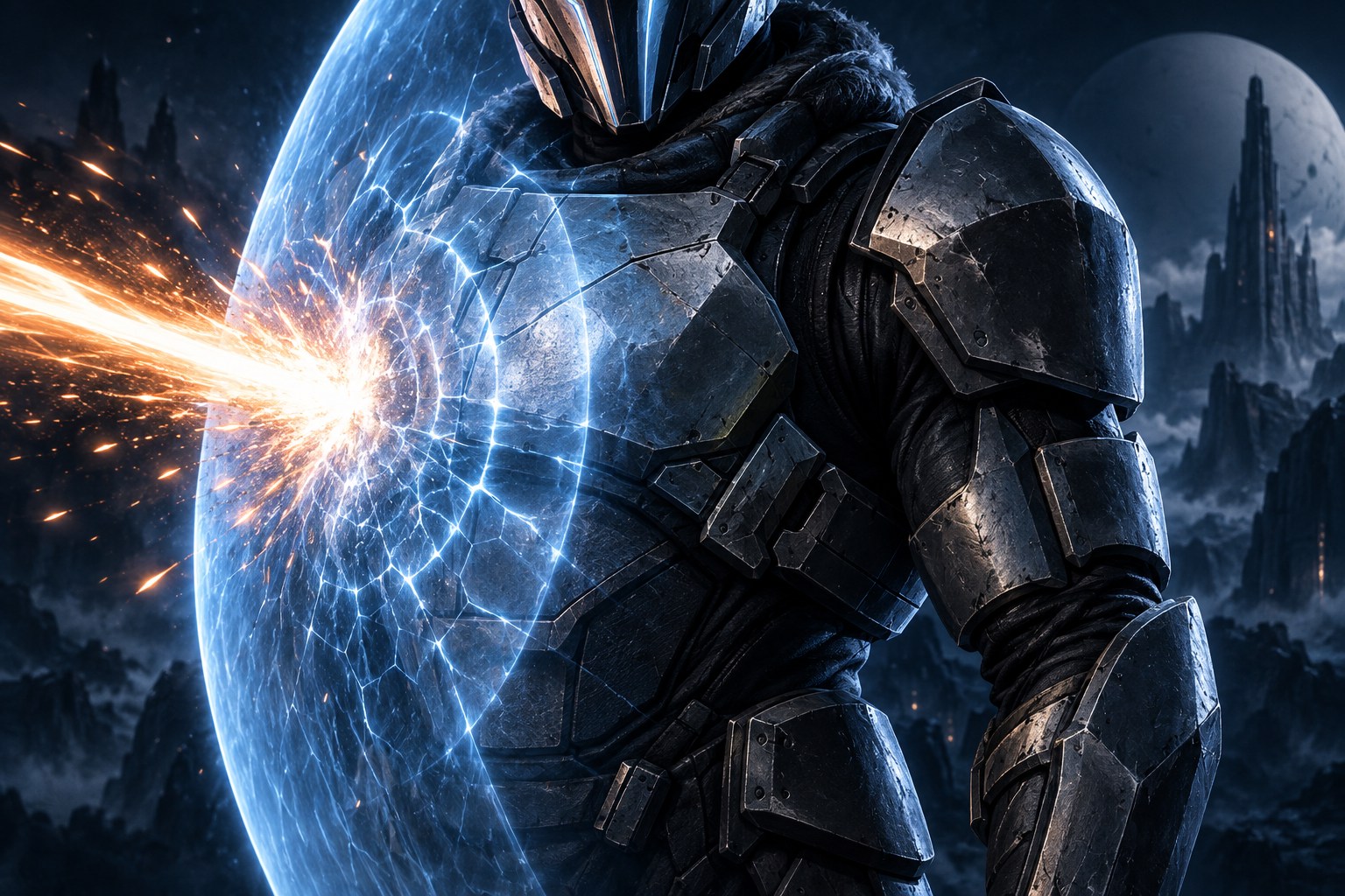 Illustration of an armored figure protected by an energy shield